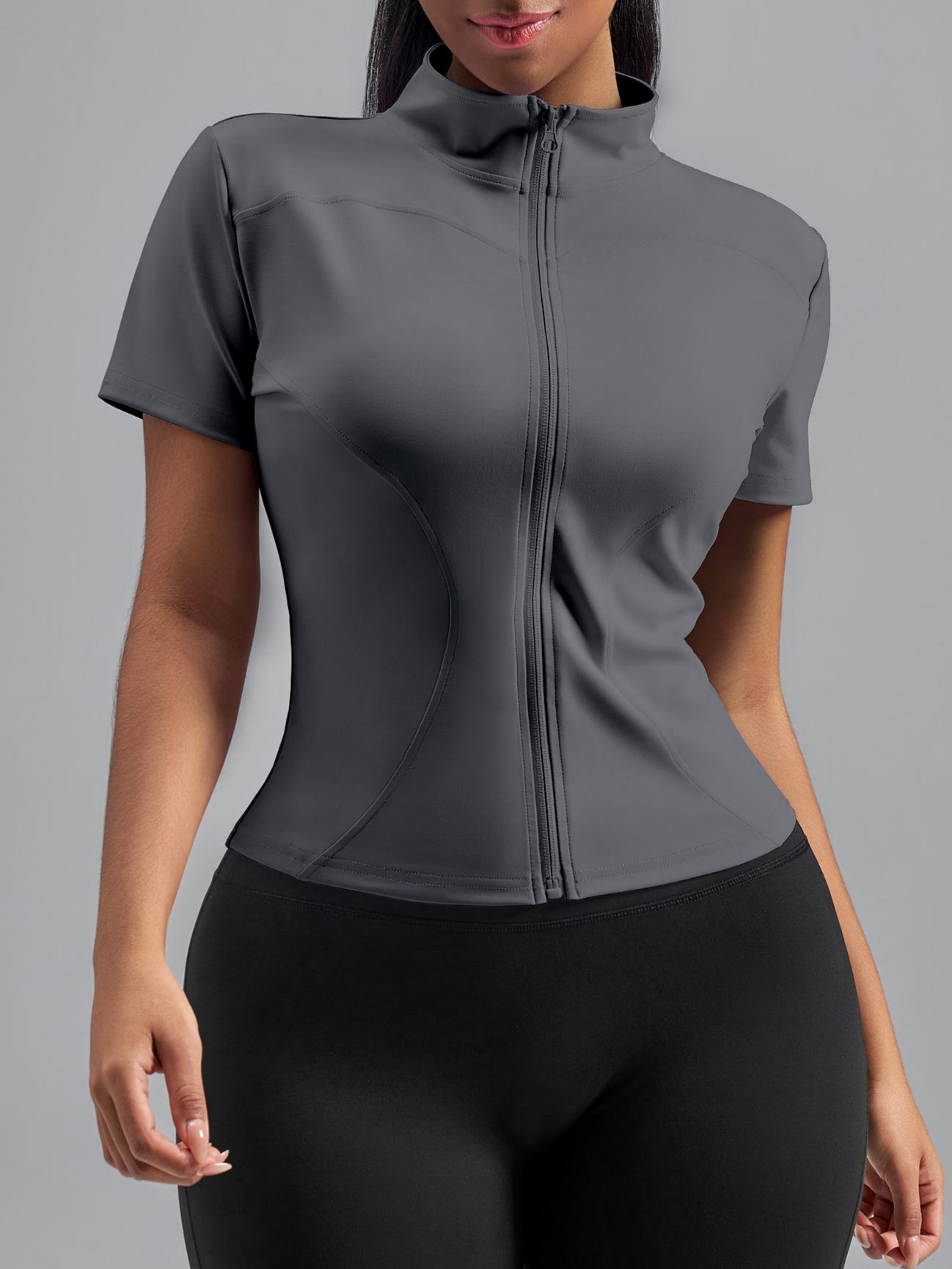 Eunfew Ultra-Stretch Short Sleeve Mock Neck Yoga Jacket EUNFEW