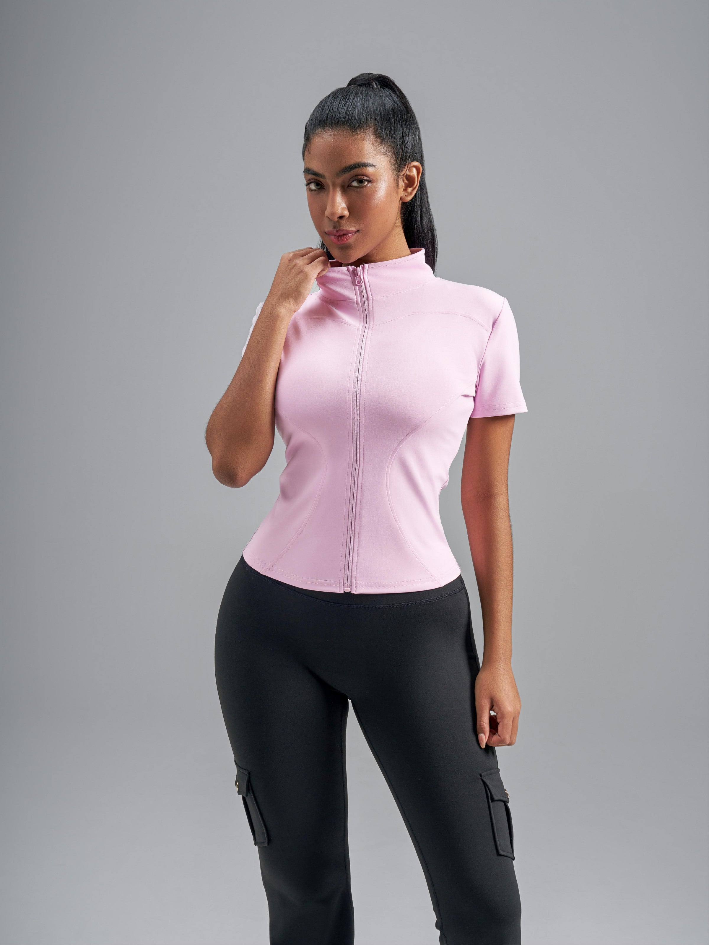 Eunfew Ultra-Stretch Short Sleeve Mock Neck Yoga Jacket EUNFEW