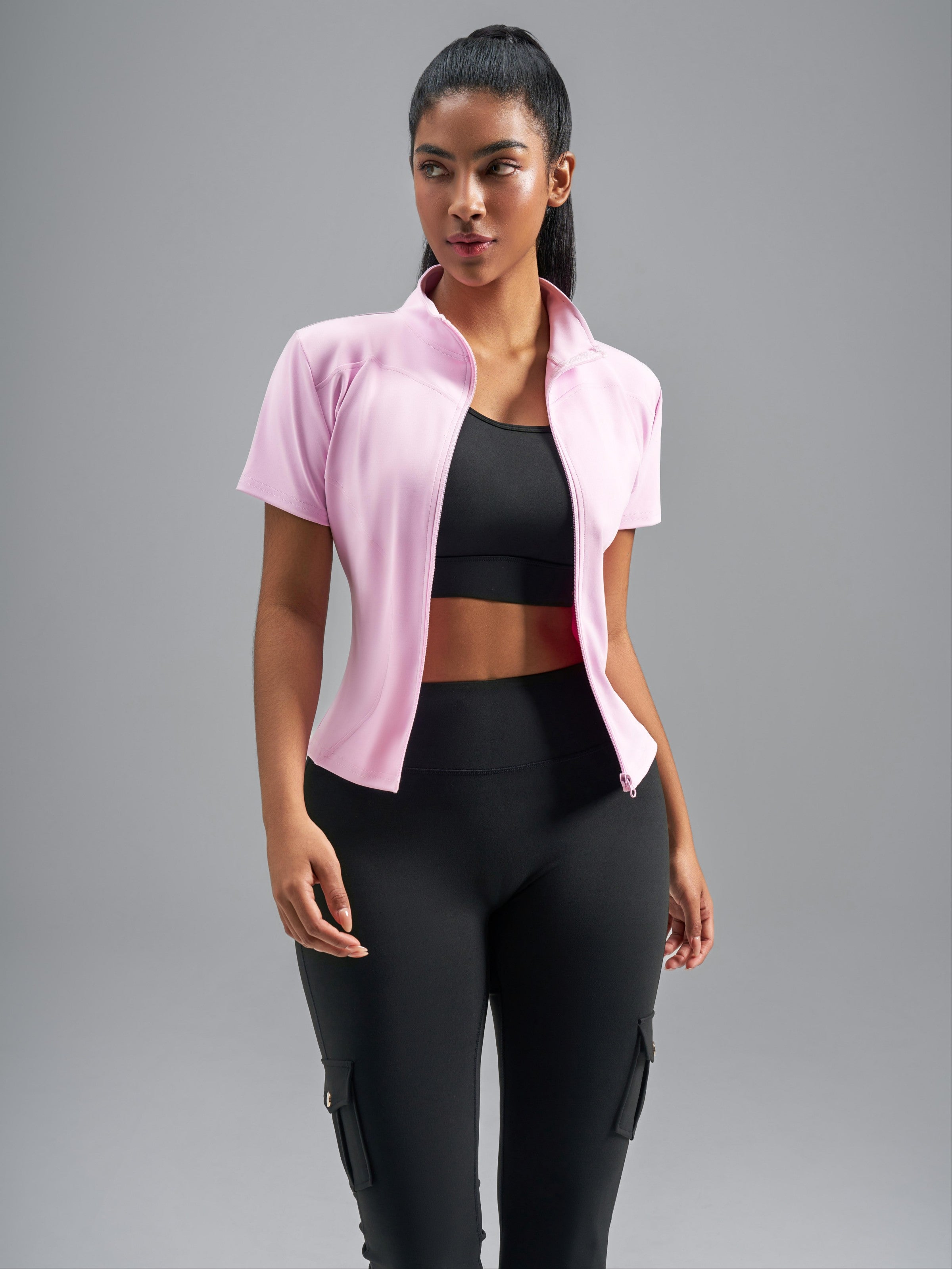 Eunfew Ultra-Stretch Short Sleeve Mock Neck Yoga Jacket EUNFEW