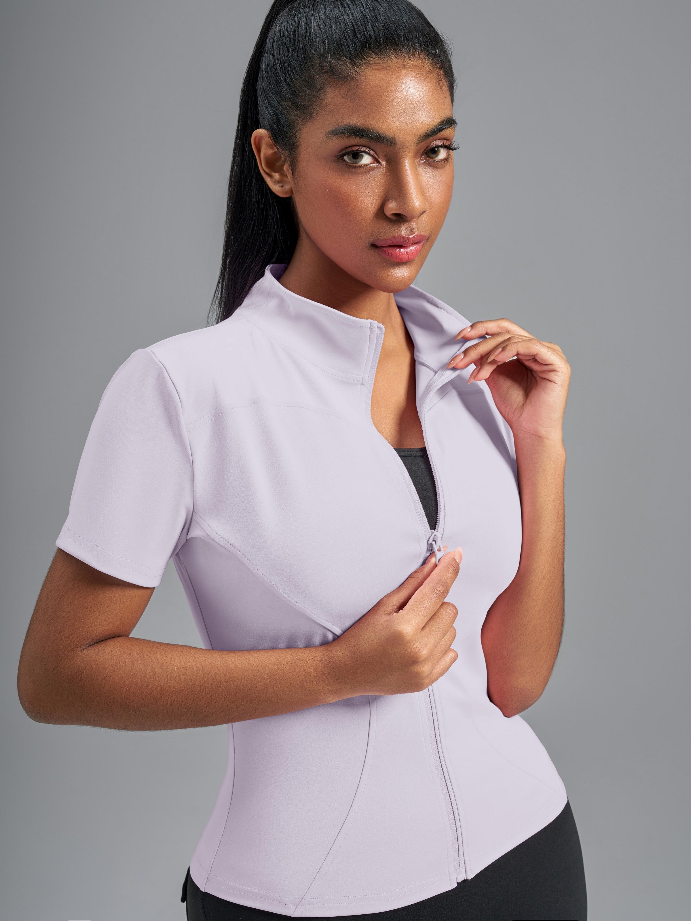 Eunfew Ultra-Stretch Short Sleeve Mock Neck Yoga Jacket EUNFEW