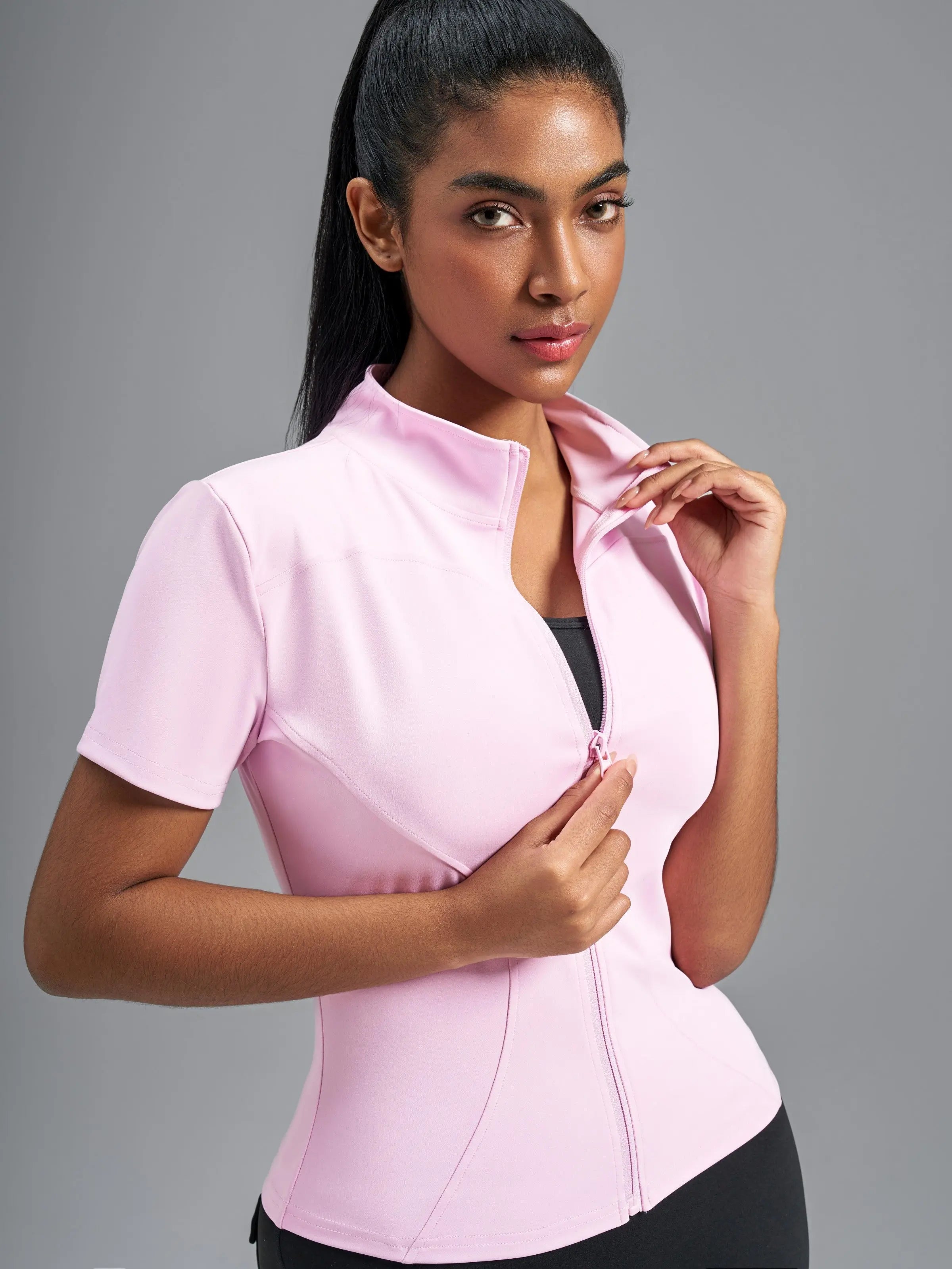 Eunfew Ultra-Stretch Short Sleeve Mock Neck Yoga Jacket EUNFEW