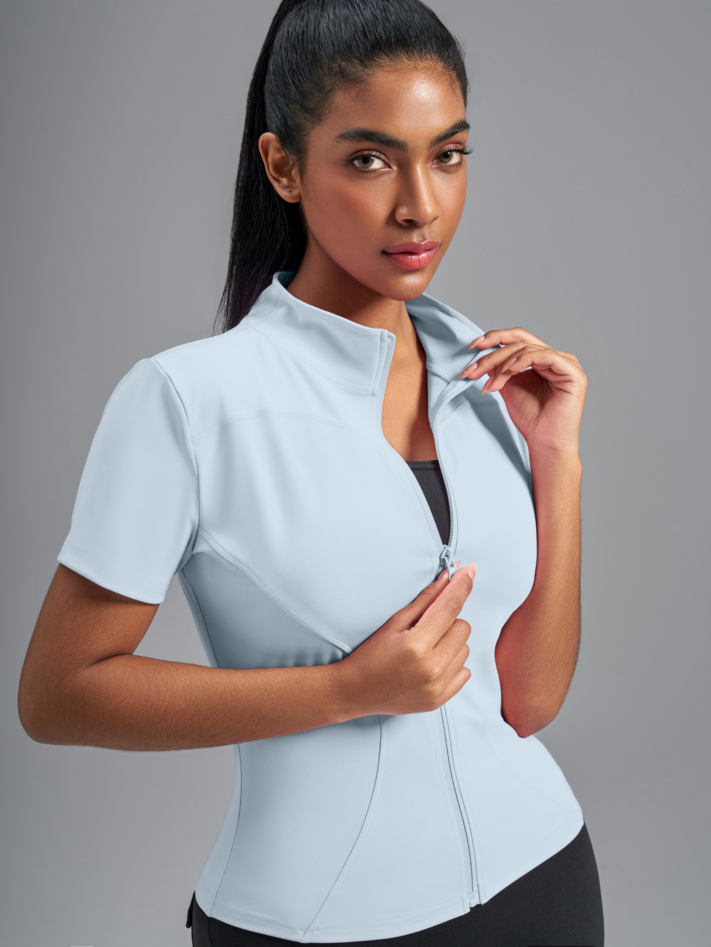 Eunfew Ultra-Stretch Short Sleeve Mock Neck Yoga Jacket EUNFEW